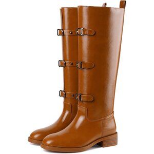 Women's C-brown Round Toe Wide Calf Chunky Low Heel Pull Knee High Boots Rubber